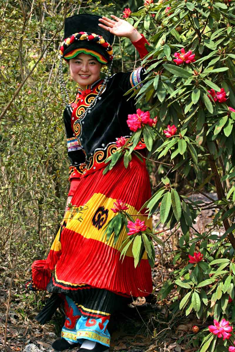 杜鹃花山上的彝族姑娘