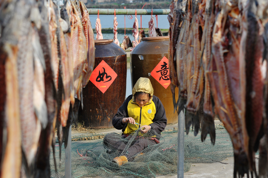 《晒鱼补网》