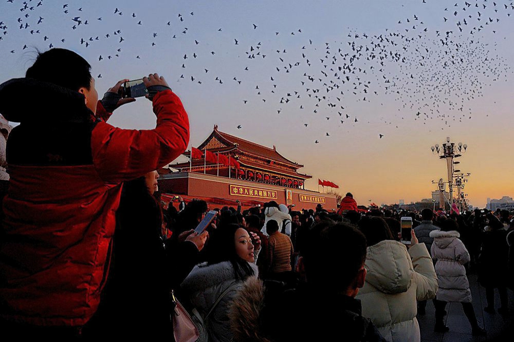 2018,1,1拍于天安门,元旦之日天安门广场放飞和平鸽时情景.