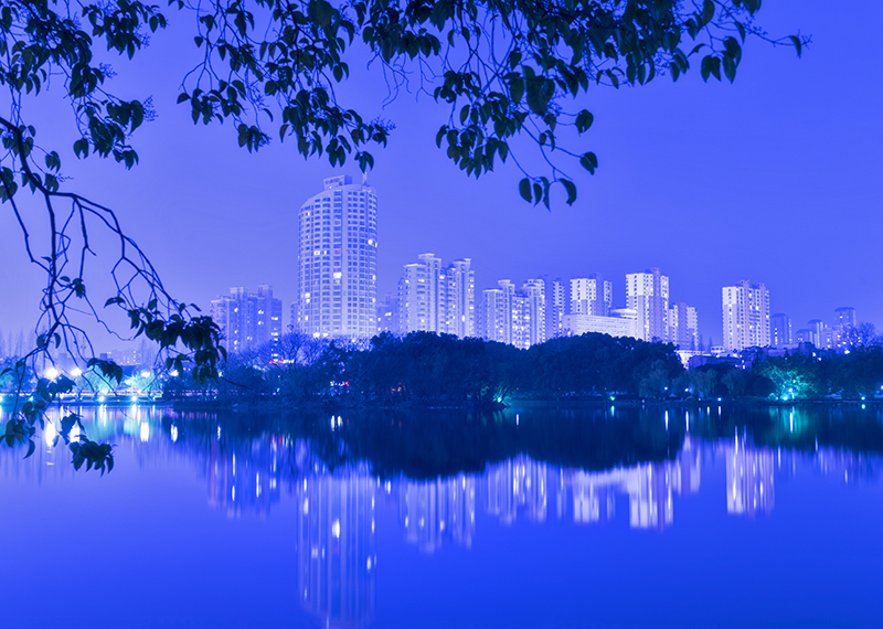 雨山湖周围,高楼林立,绿树成荫,城市的夜景灯火阑珊一派欣欣向荣的