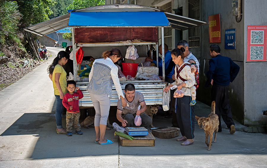 一辆卖菜的车辆停在村口,村民们纷纷前来购买自己所需的菜品. .