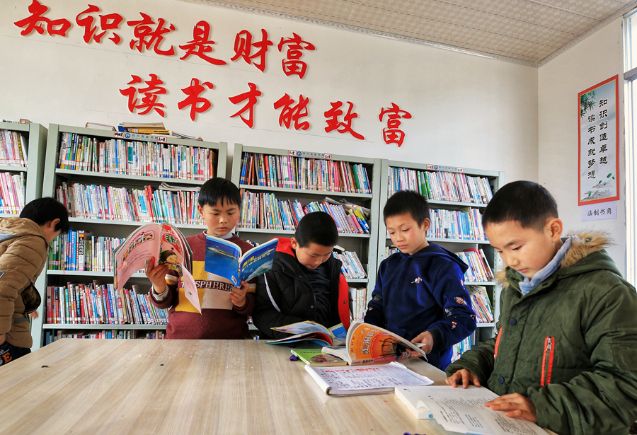 2019年,四川乐至县龙形村的孩子在村图书室看书.
