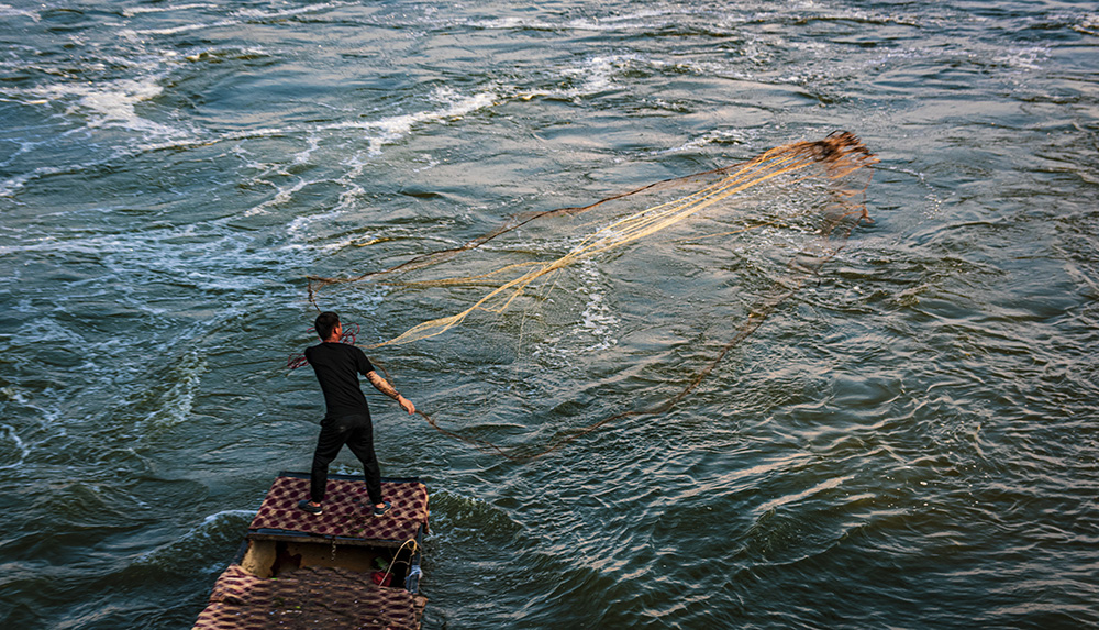 渔民们驾船在湖上撒网捕鱼,收获颇丰!