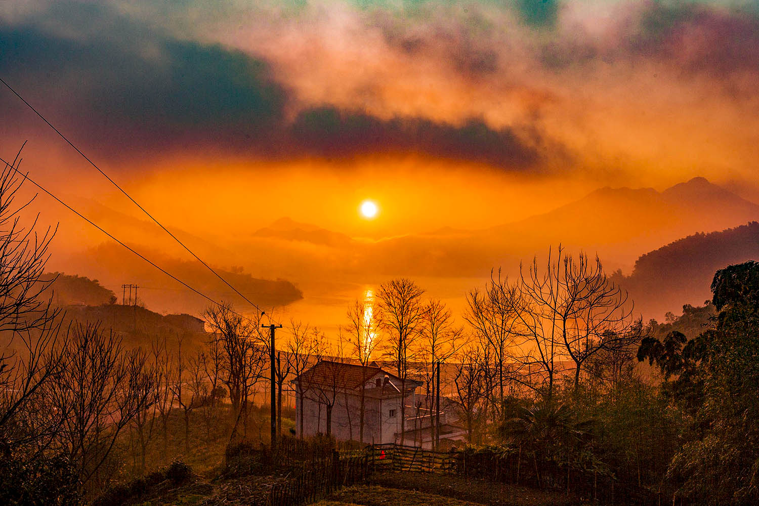 日照湖面生紫烟