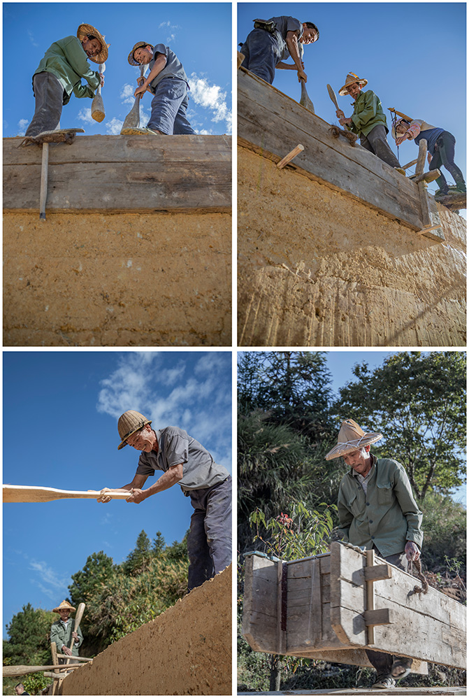 在福建省泉州市德化县的春美乡,几位农民工正在夯土墙,夯好的土墙将