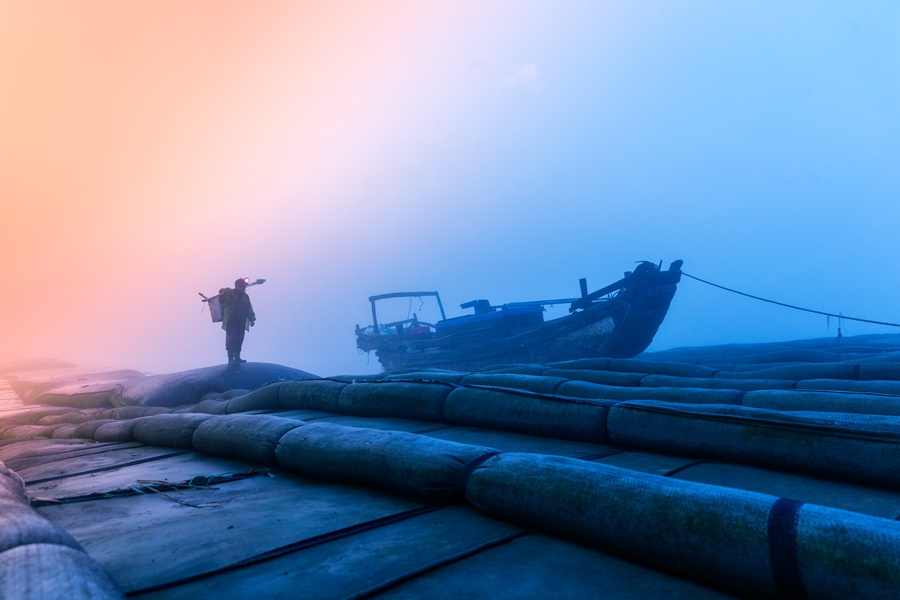 朝霞下,勤劳的赶海人,在追逐梦想的路上.